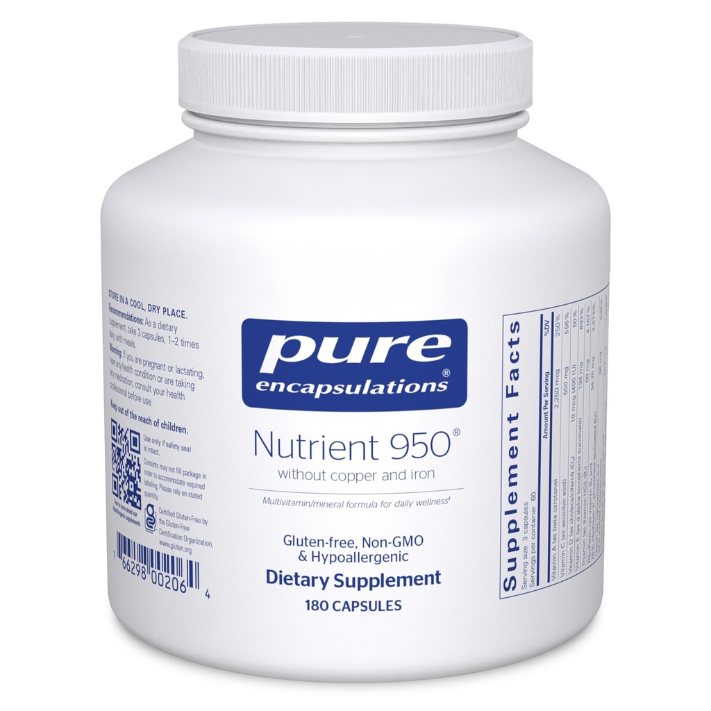Encapsulations pures Nutrient 950 Sans Cuivre et Iron.Formule multivitamine/minérale hypoallergénique pour une santé optimale.