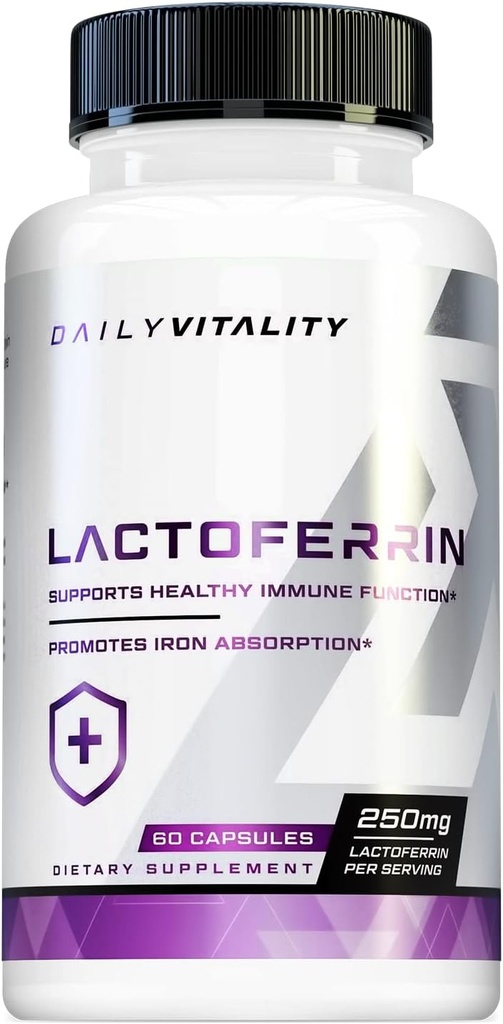 Lactoferrine 250mg Capsules - Glycoprotéine Riche Supplément Colostrum pour Imune Iron Absorption Support et santé digestive - 60 portions de pilules journalières à base de colostrum