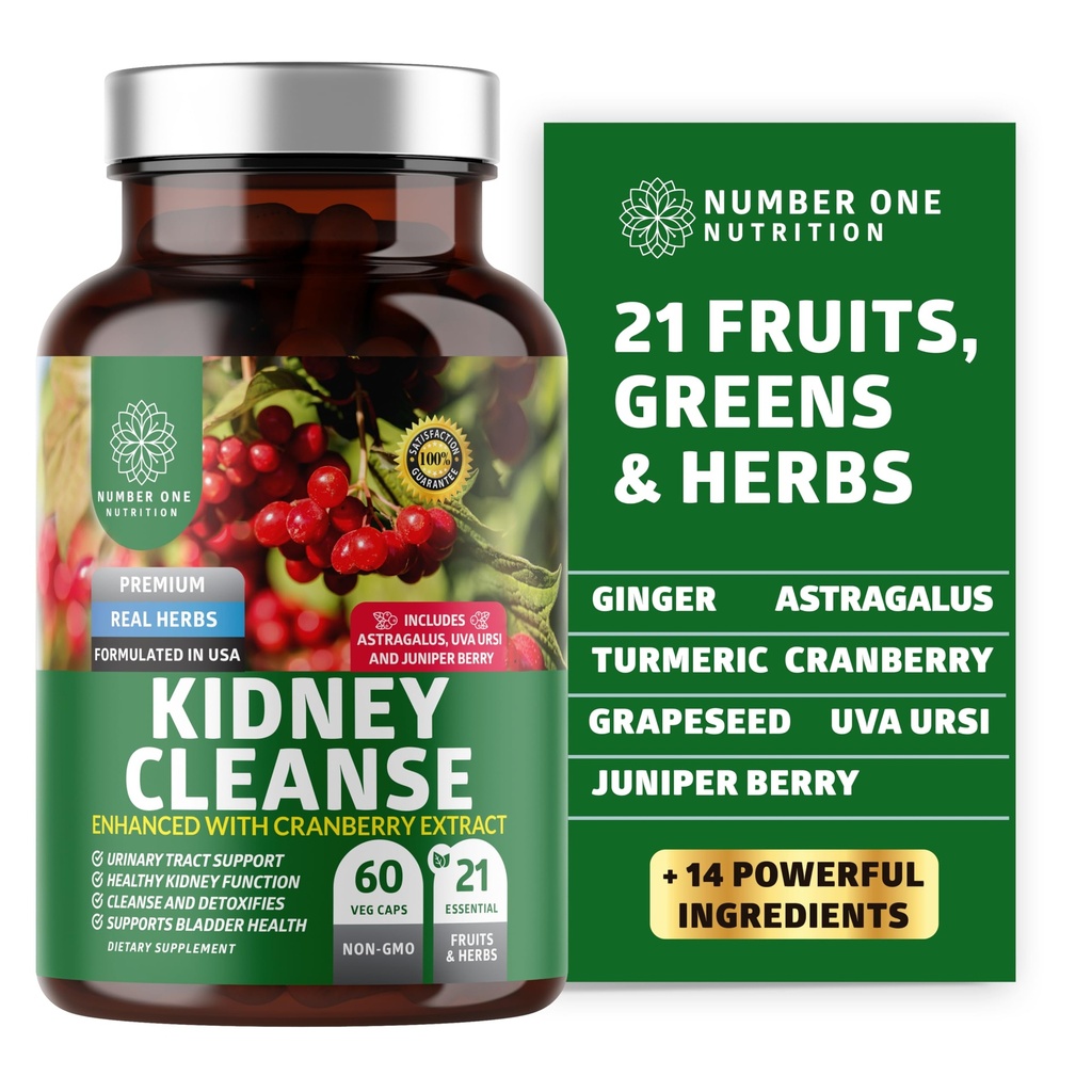 N1N Premium Kidney Cleanse [21 Potent Kräuter] für Urinary Tract & Bladder Control, Natural Kidney Support mit Cranberry Extract, Astragalus und Uva Ursi Leaf, 60 Veg Caps