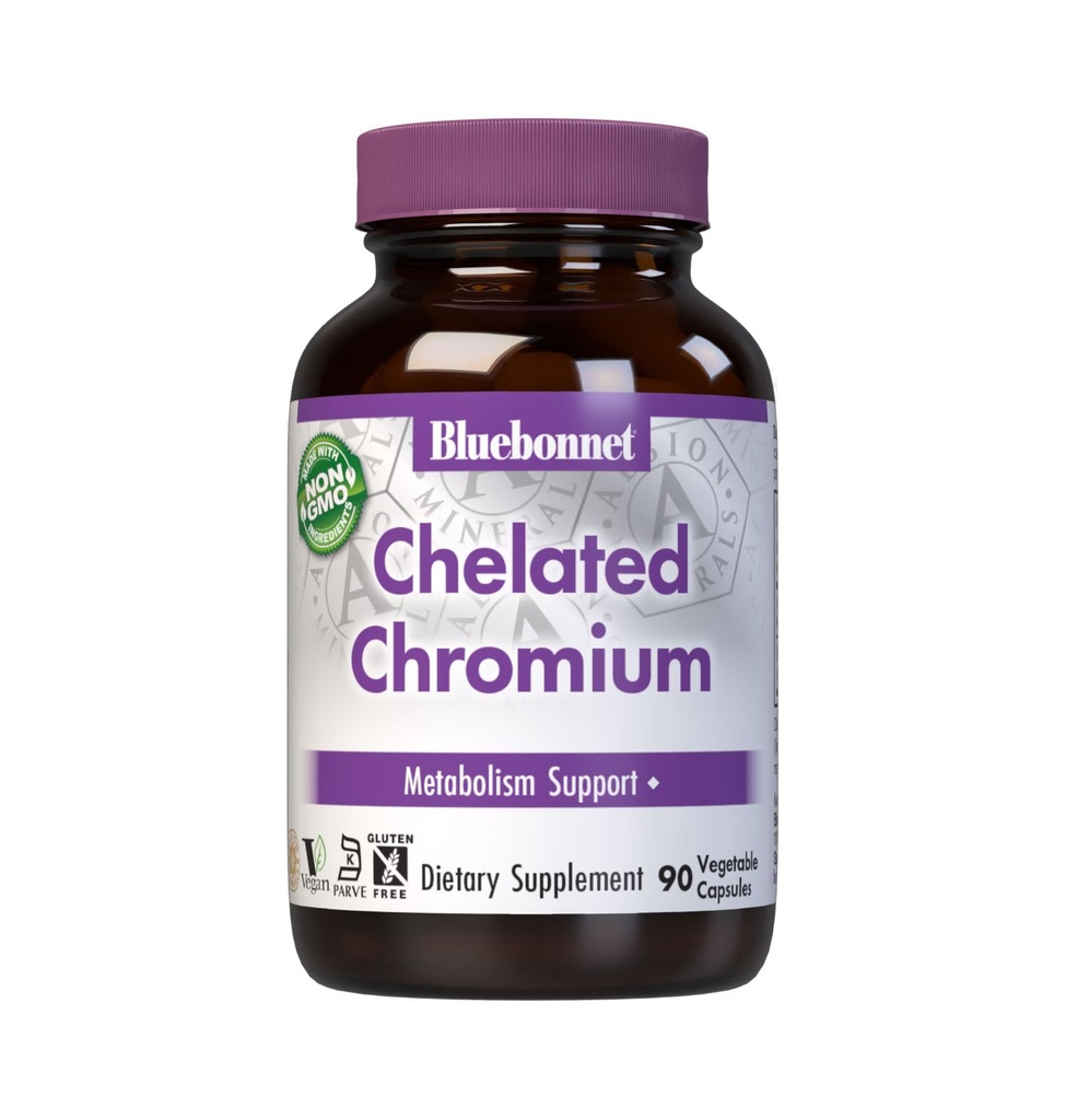 Bluebonnet Nutrition Chromium chélaté, soutien au métabolisme*, non-OGM, végétalien, certifié Kosher, sans gluten, sans soja, sans lait, minéral chélaté Albion, 90 capsules végétales, 90 portions