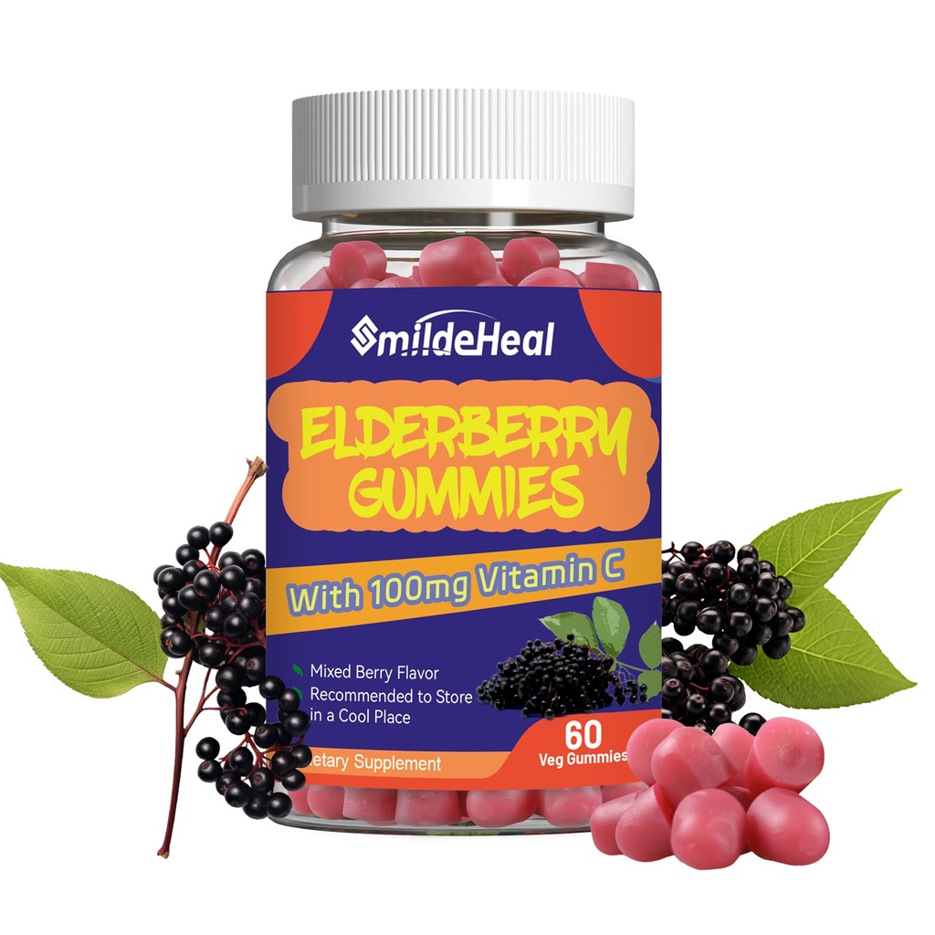 Gummies de baies de sureau, Extrait de baies de sureau 300mg, avec vitamine C et zinc, Gummes d'arôme de fraise, Non-OGM, Sans gluten, Amies des végétaliens, Soutien immunitaire, 60 Nombre