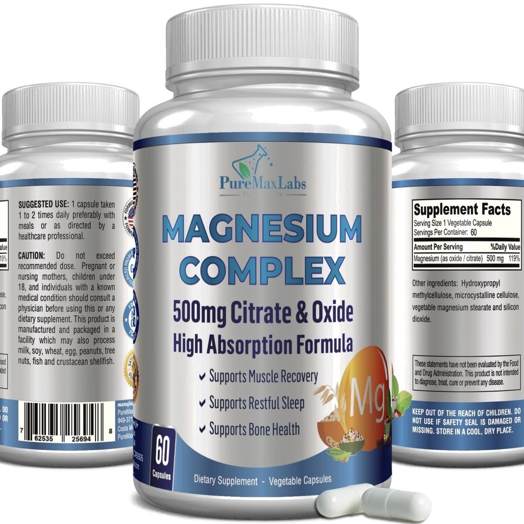 Complexe de Citrate de Magnésium à haute absorption 500mg Citrate de Magnésium & Oxyde – Soutient le sommeil calme, le soulagement des crampes musculaires, la récupération musculaire, les dents et les os sains, non-OGM – 60 capsules végétales