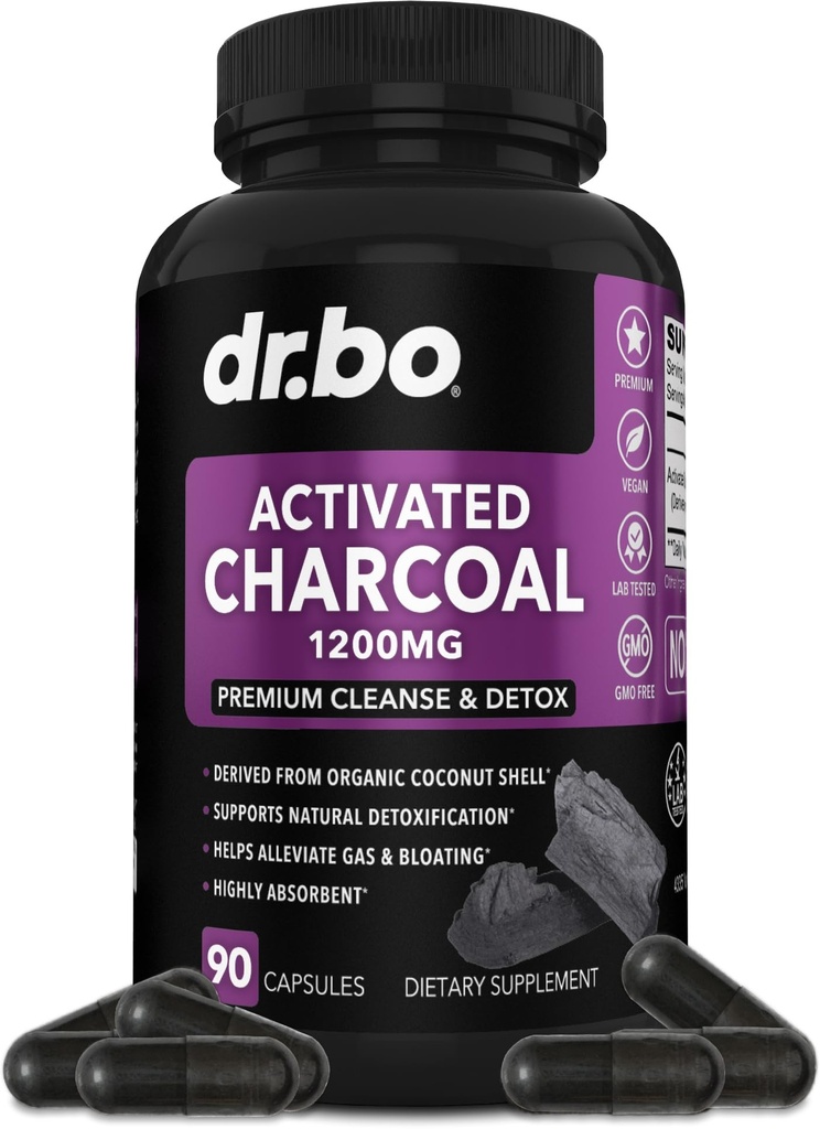 Capsules de charbon activés Nettoyer la désintoxication - 1200mg Pilules de charbon de coco biologique pour l'essence d'estomac et le dégel pour les hommes Femmes Enfants - Capsules actives Poudre Binder Suppléments activés pour Gut