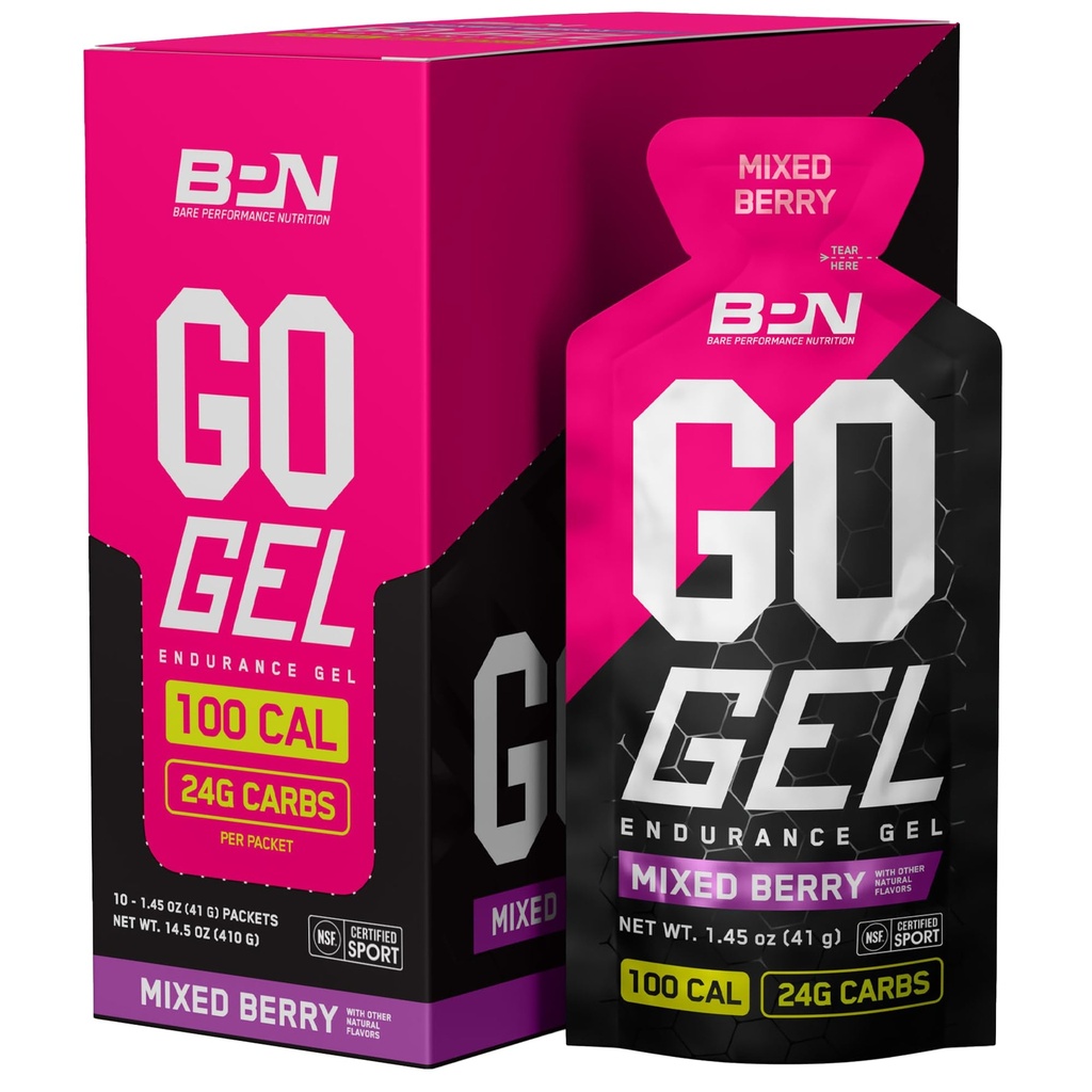 BARE PERFORMANCE NUTRITION, BPN Go Gel Endurance, 24g Kohlenhydrate & 100 Kalorien pro Packung, Vegan + Gluten Free Running Gel, 10 Single-Serving Packs, Mixed Berry