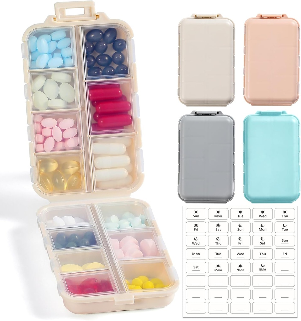 4 Pack, 14 GRIDS Boîte d'organisateur de pilules de voyage avec étiquettes - Trousse de médicaments de voyage - Pocket Daily Pharmacie Conteneur - Distributeur de médicaments de voyage pour l'huile de poisson