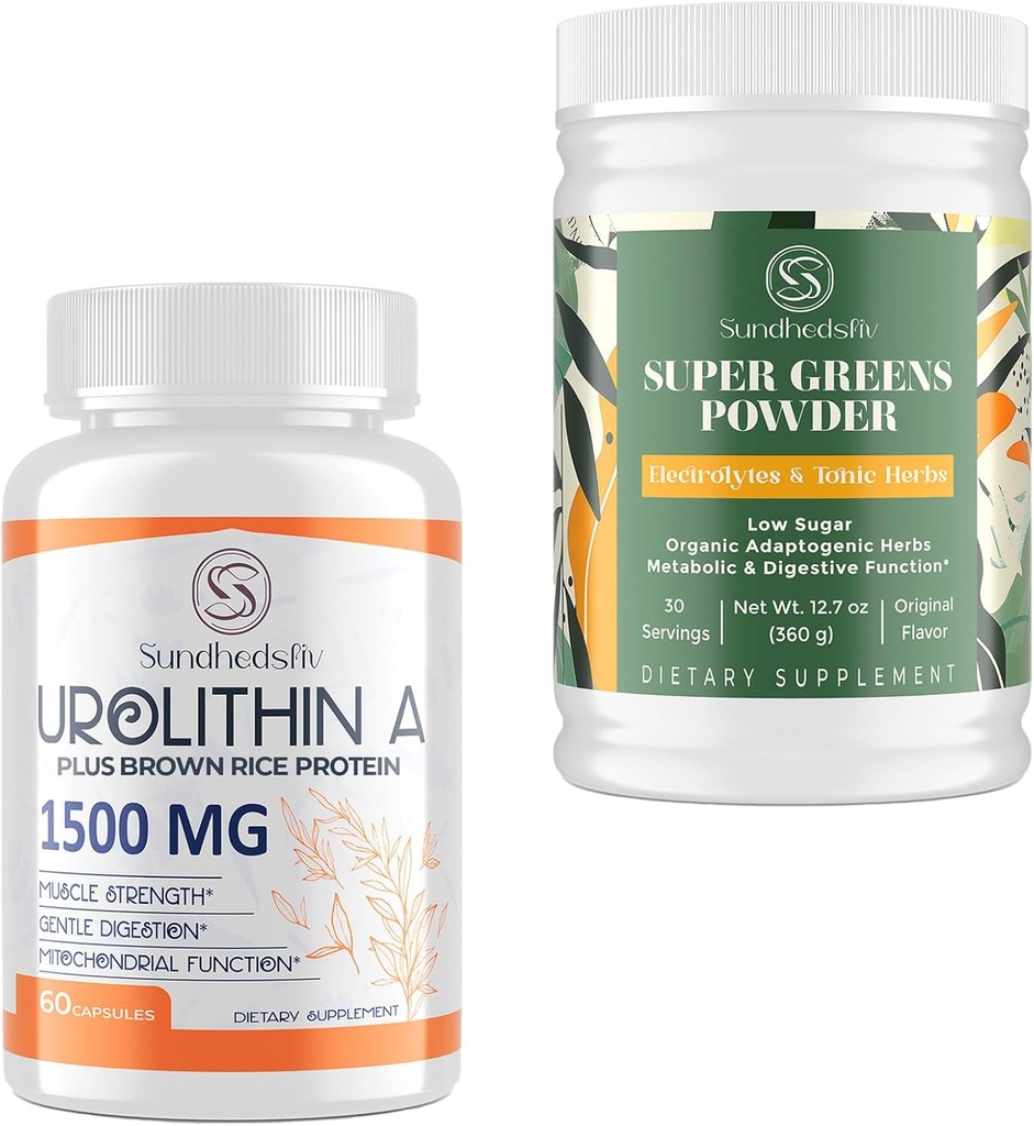 Urolithin A Supplement 1500MG Plus Brown Rice Protein + Super Greens Powder Superfood Supplement mit Elektrolyten & Tonic Herbs
