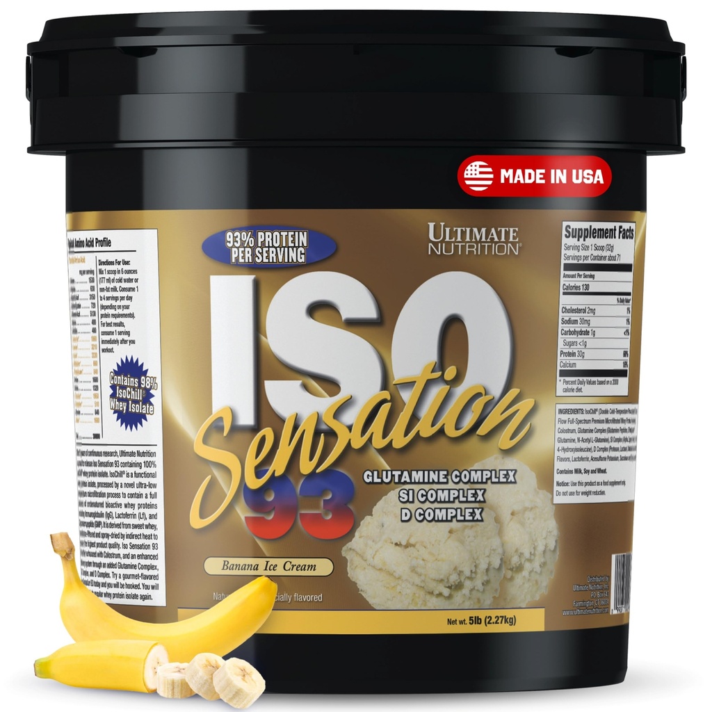 Ultimate Nutrition Whey Protein Isolate Pulver mit Glutamin Complex, ISO Sensation 93 - Whey Protein Pulver mit hinzugefügtem Kolostrum für verbesserte Erholung, Immunität & Gut Gesundheit - Banana, 5lbs