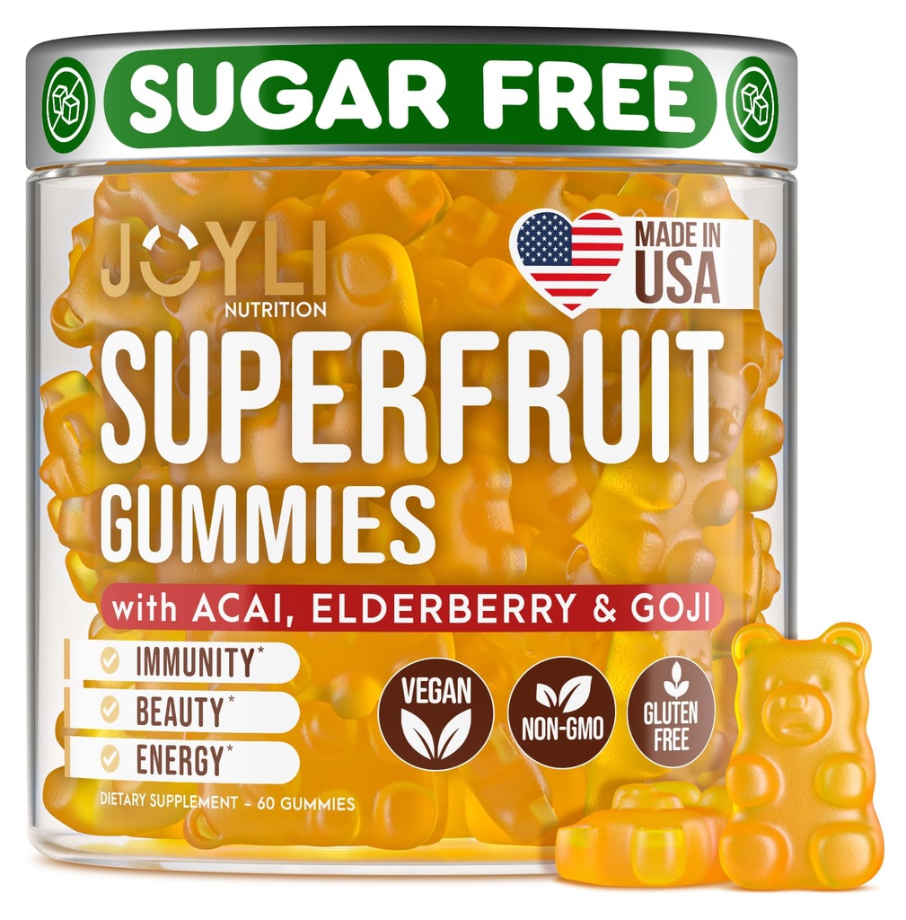 Gommies Joyli Superfruit - Gommies multivitamines sans sucre pour les adultes - Vitamines Gommy naturelles pour les femmes et les hommes avec Goji, Elderberry, Vitamines A, C, D & E - Soutient l'immunité, la digestion et l'énergie
