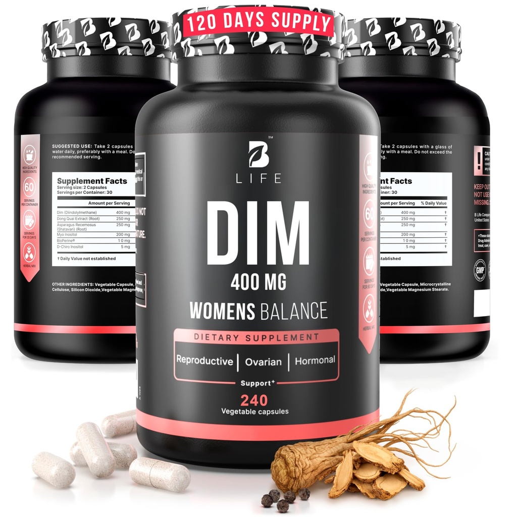 DIM-Ergänzung 400 mg mit Myo & D-Chiro Inositol, Dong Quai - PCOS-Ergänzungen – Hormonbilanz für Frauen – Fruchtbarkeitsergänzungen – Inositol-Ergänzung - 240 Caps
