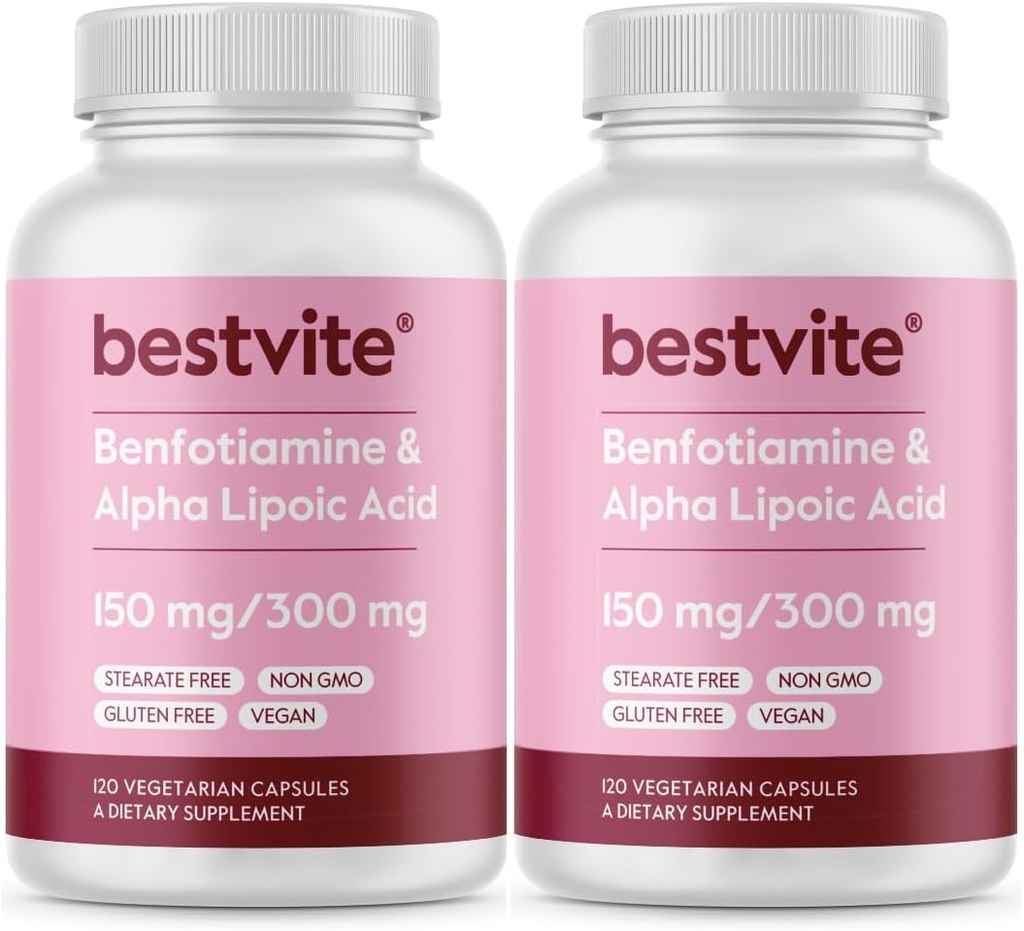 Benfotiamine 150mg / Alpha acide lipoïque 300mg (240 Capsules végétariennes)(120x2) - Pas de stéarate - Vegan - Sans gluten - Non OGM