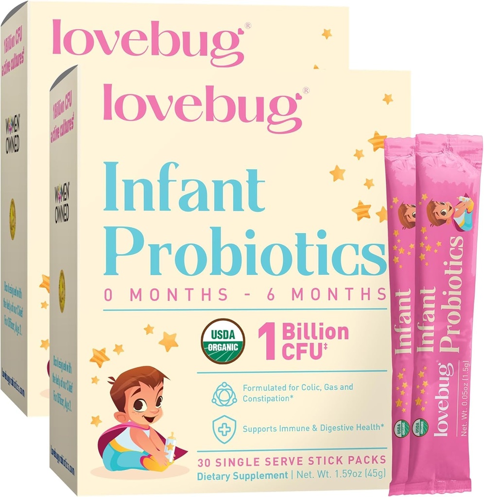 LOVEBUG Infant Probiotics 0-6 Monate - USDA Organic Probiotics for Babys, unterstützt Baby Gas, Colic, Durchfall und neugeborene Verstopfung Relief, Allergen & Sugar Free, Geschmackloses Pulver, 60 Pack