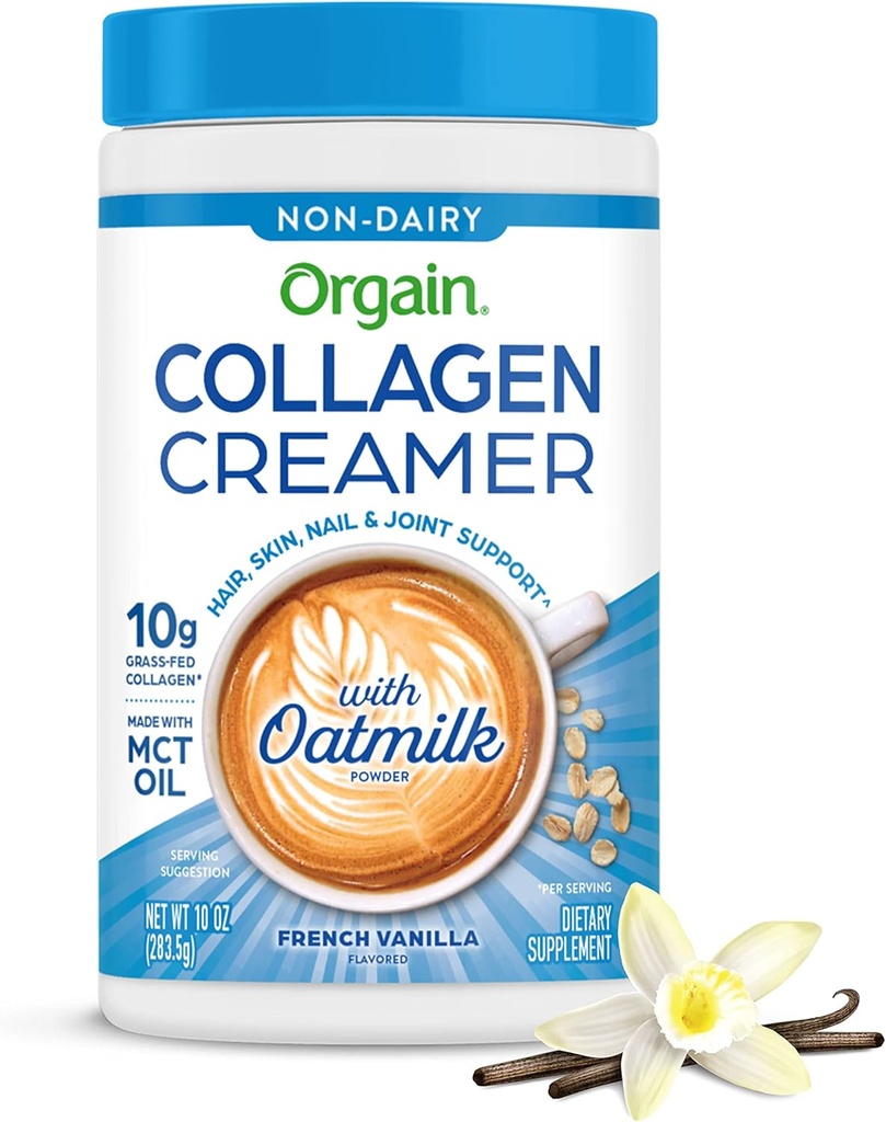 Crème à café de collagène, 10g de Peptides de collagène hydrolysés à l'herbe, Vanille française - avec poudre de lait d'avoine biologique, huile de noix de coco, huile MCT, huile d'avocat, cheveux, peau, ongles et soutien articulaire - 10oz