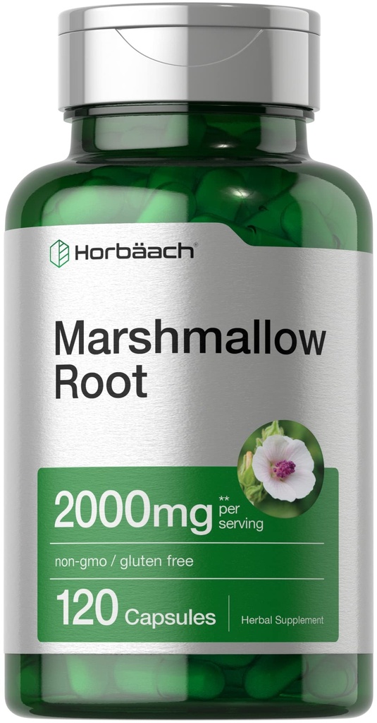Horbäach Gélules de racines de marshmallow $ 2 000mg $ 120 Nombre $ Non-OGM et sans gluten $ Extrait d'herbe traditionnel