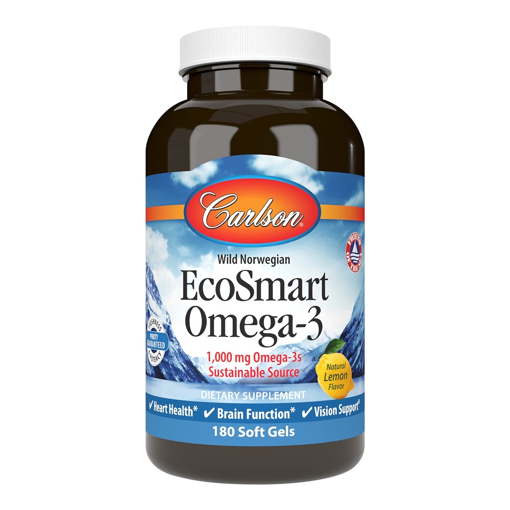 Carlson - EcoSmart Omega-3, 1000 mg Omega-3s, Nachhaltige Quelle, Herzgesundheit, Gehirn-Funktion & Vision-Unterstützung, Zitronen, 180 Softgels