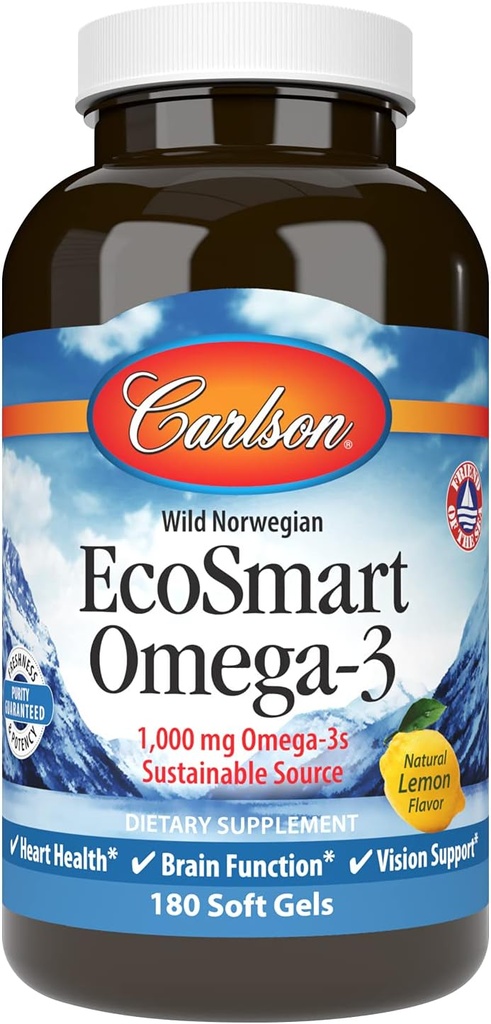 Carlson - EcoSmart Omega-3, 1000 mg Omega-3s, Nachhaltige Quelle, Herzgesundheit, Gehirn-Funktion & Vision-Unterstützung, Zitronen, 180 Softgels