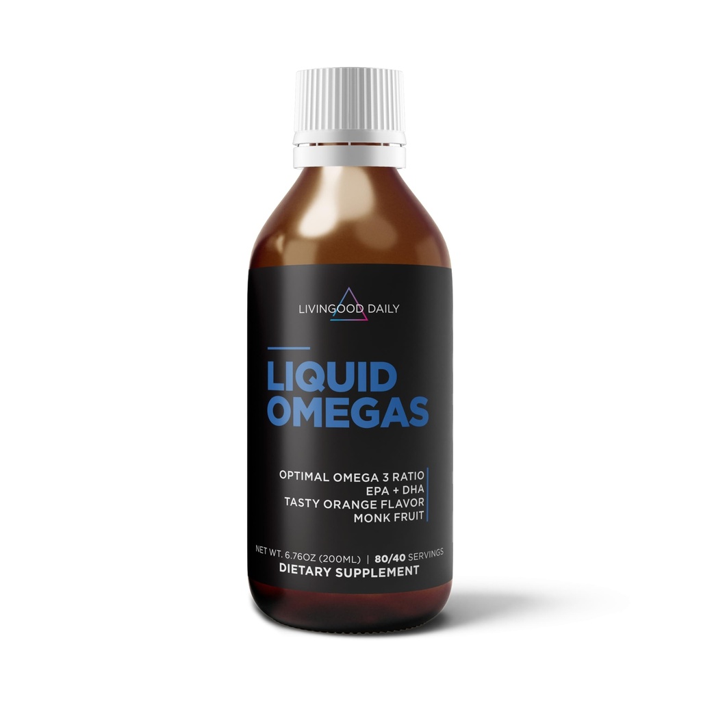Livingood Liquid Omega 3 Huile de poisson, Supplément EPA & DHA avec Fruits Monk et Arôme Orange, Soutient la santé du coeur, des articulations et du cerveau, Huile de poisson pour les hommes et les femmes, Non OGM, Sans gluten, 200 ML, 40 portions
