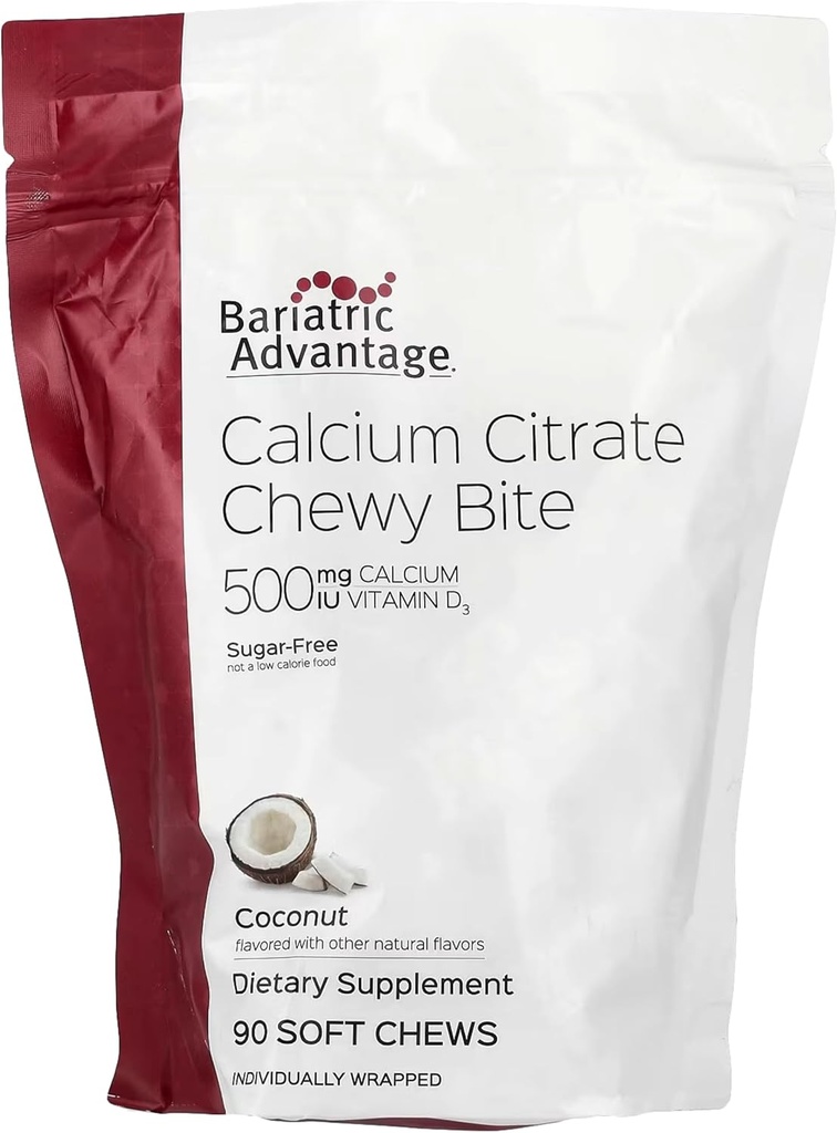 Bariatric Advantage Kalzium Zitruskerne 500 mg - Hochabsorbierbar & Digestible - Vitamin D3 - leicht Kaubare Kalzium-Ergänzung - Kokosnuss Geschmack - 90 Zähler