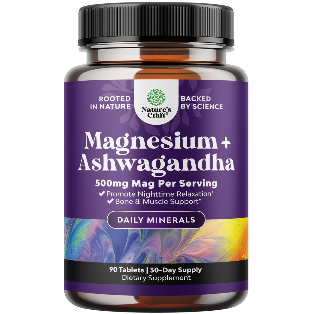 Supplément au Magnésium Glycinate avec Ashwagandha - Magnésium pour support du stress et facilité de repos pour les adultes - Comprimés à haute absorption pour support des os et crampes musculaires - 90 Compte