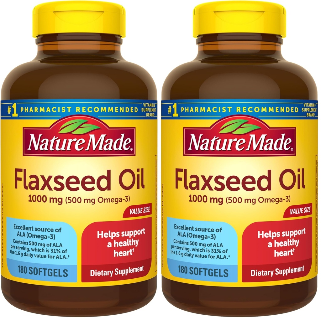 Nature Made Flaxseed Oil 1000 mg, Nahrungsergänzungsmittel für Herzgesundheitsunterstützung, 180 Softgels (Pack von 2)