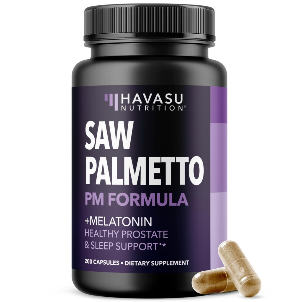 Saw Palmetto PM für Männer mit Melatonin 3mg - Nachtzeit Prostata-Gesundheitsergänzung für Blasen- und Schlafunterstützung - Reduzieren Urinärfrequenz - 200 Count - Vegan, Non-GMO-Kapseln - Über 6 Monate Versorgung