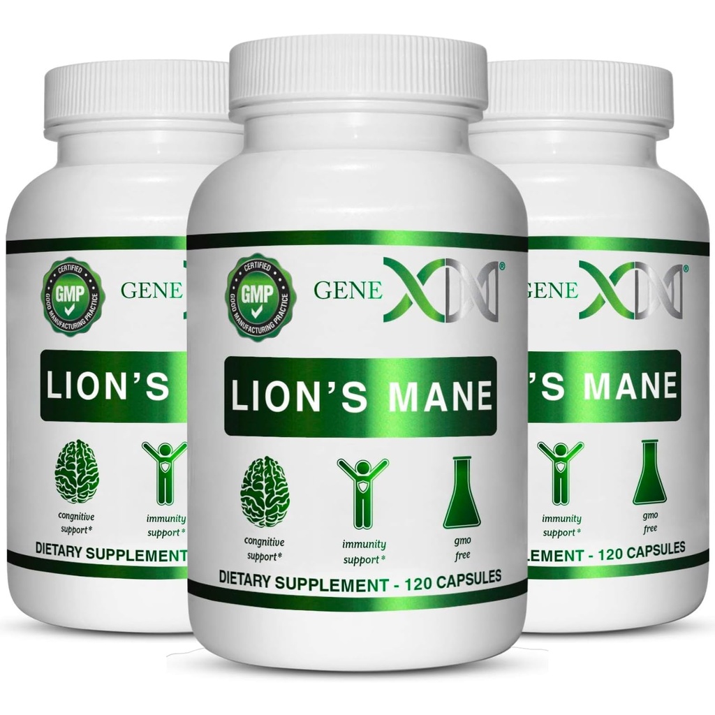 Formules Genex Lions Mane Supplément avec 100% Lions Mane Extract (3 Pack) - Nootropics Cerveau Supplément de soutien pour stimuler le cerveau, Focus, Clarté mentale, Énergie naturelle, 1000mg/servir - (360 Capsules)