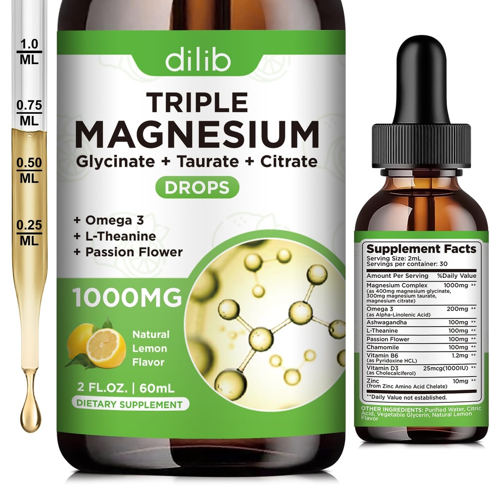 Flüssiges Magnesium-Glycinat-Ergänzung 1000mg, ruhiges Magnesium-Zitrat, Taurat Tropfen mit Omega 3, Zink, Ashwagandha, L-Theanin, Kamille für Schlaf, Stimmung, Stress Relief, Knochen, Muskel, Lemon Flavor