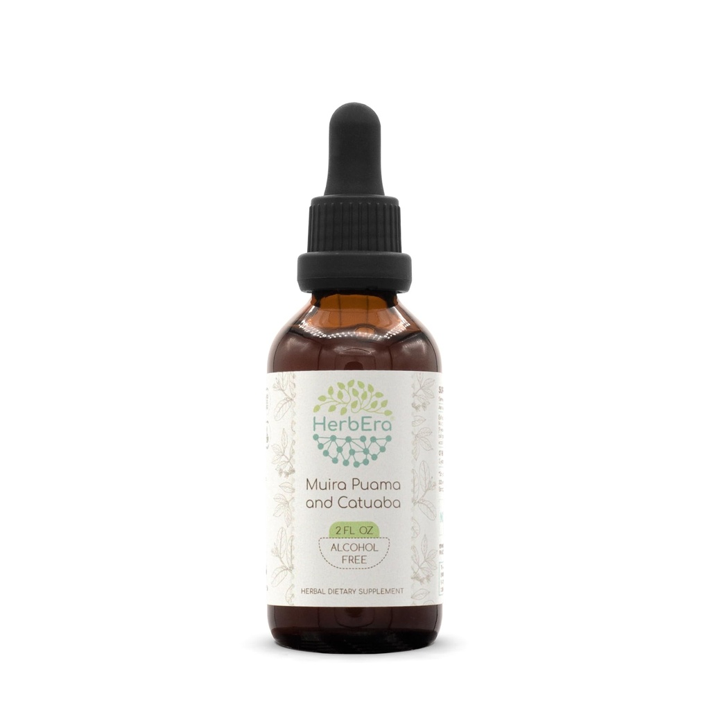 HerbEra Muira Puama and Catuaba B60 Alcohol-Free Herbal Extract Tincture, Concentrated Liquid Drops Natural (Ptychopetalum Olacoides and Trichilia catigua, Erythroxylum vacciniifolium) 2 fl oz