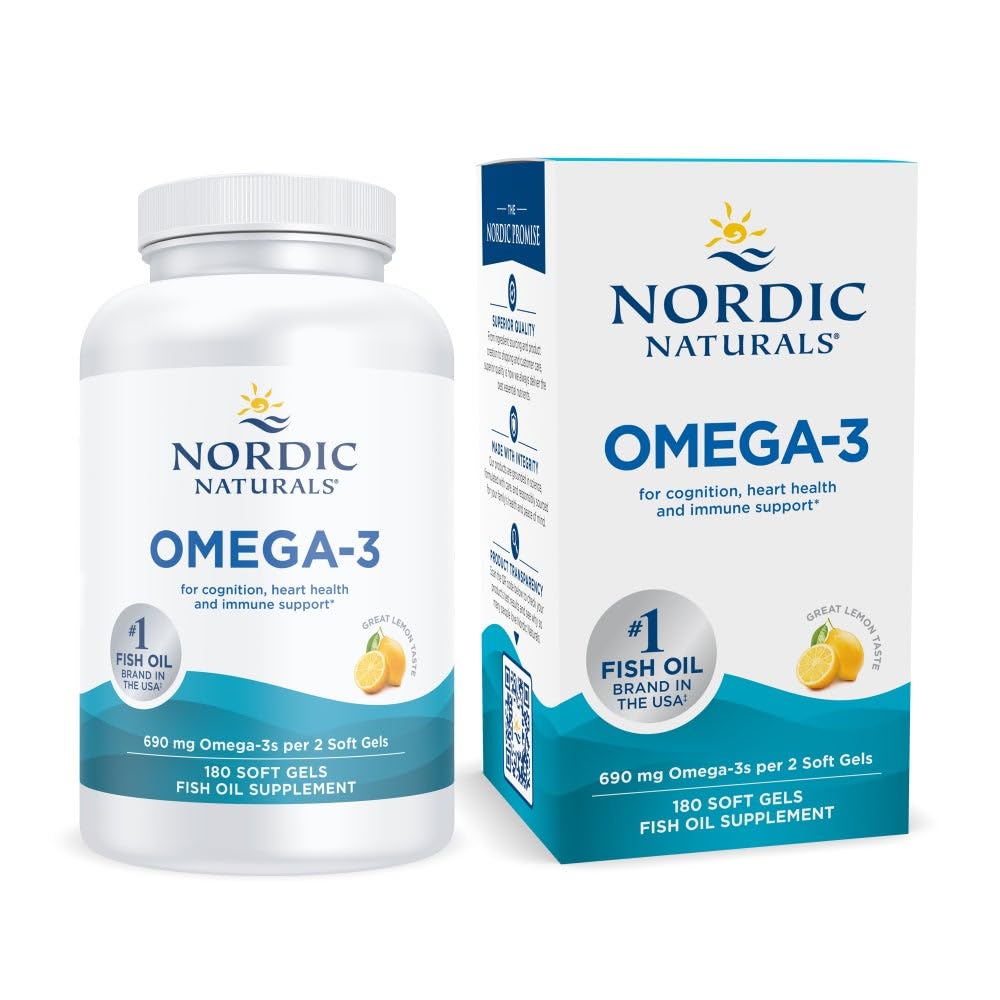 Nordic Naturals Omega-3, Lemon Flavor - 180 Soft Gels - 690 mg Omega-3 - Fish Oil - EPA & DHA - Immununterstützung, Gehirn & Herzgesundheit, Optimale Wellness - Non-GMO - 90 Servietten