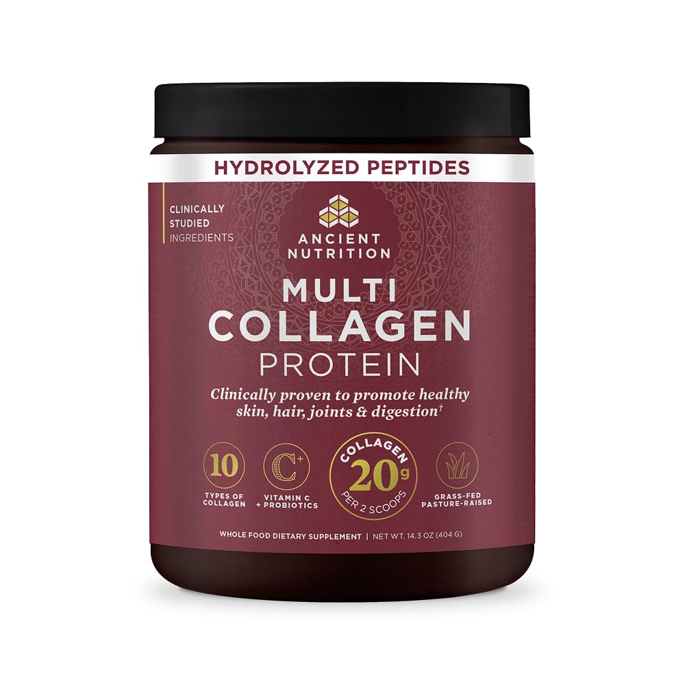 Ancient Nutrition Collagène Peptides Poudre, Protéines multicollagènes, Femmes & Hommes, Vitamine C, Probiotiques, Collagène hydrolysé, Supporte la peau, articulaires, Santé Gut, Non aromatisé, 40 portions