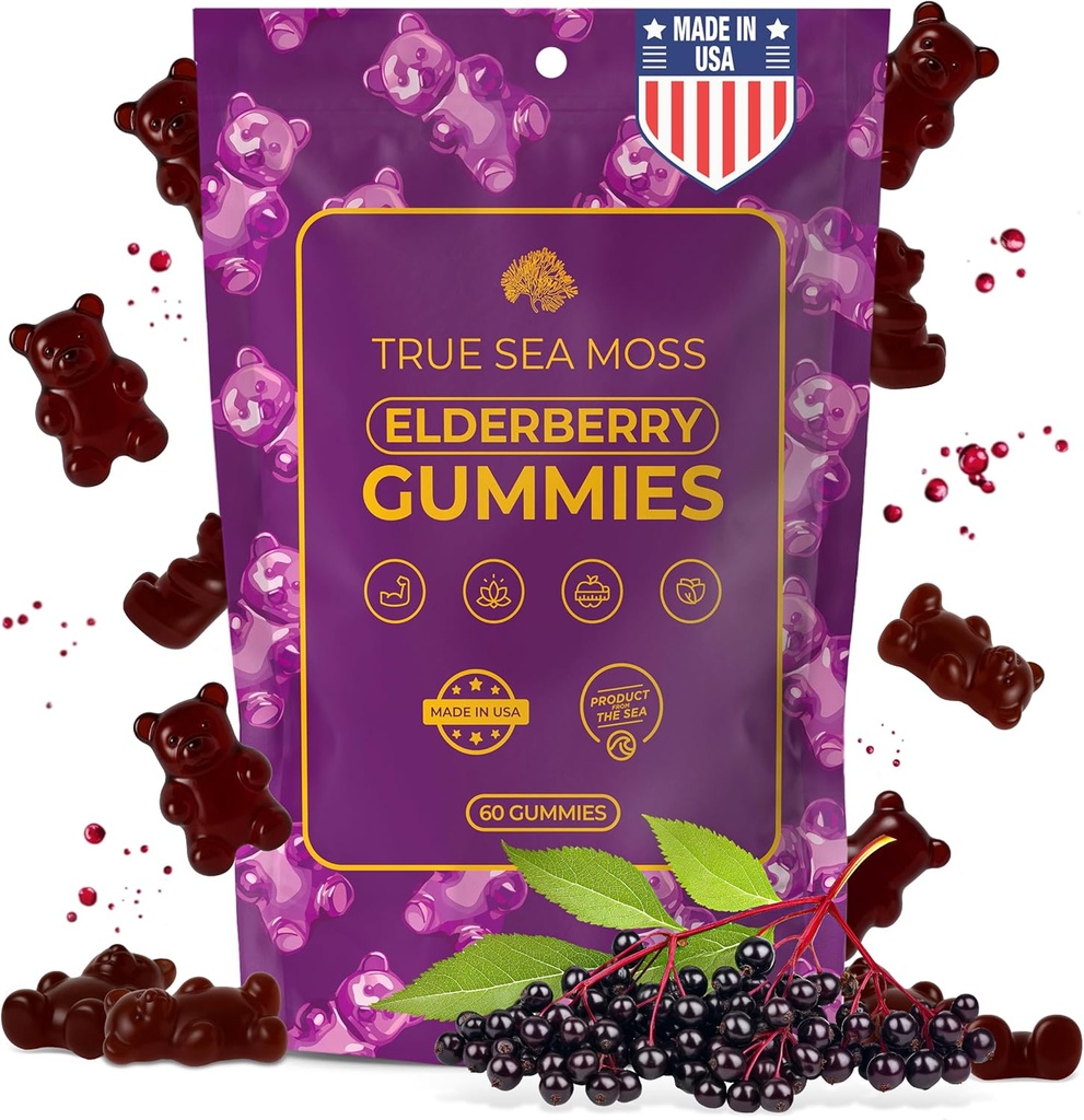 TrueSeaMoss Sea Moss Elderberry Gummies für Erwachsene & Kinder – mit Burdock Root, Bladderwrack & Magnesium – Vegan, Non-GMO Formel – Made in USA – 60 Gummies