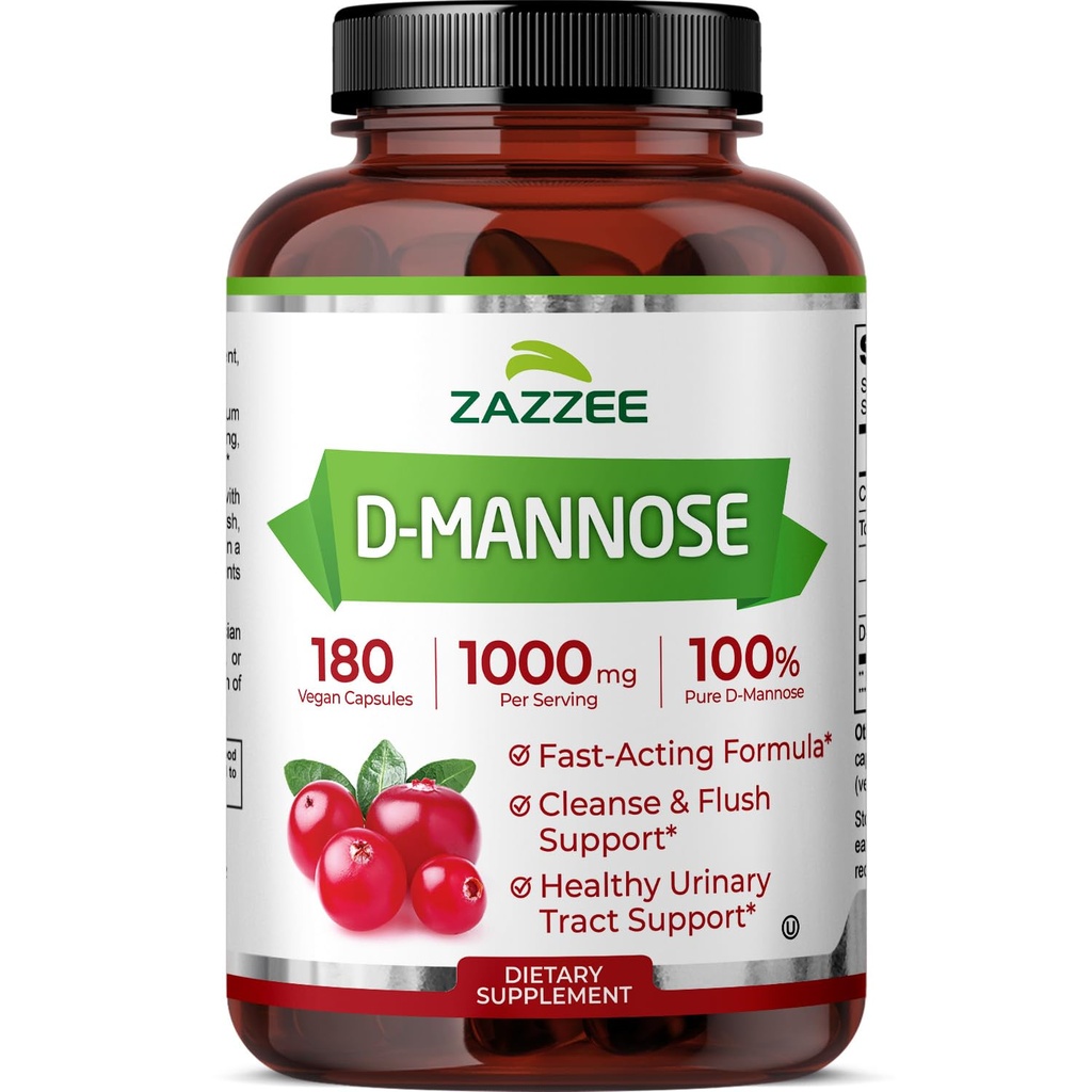 Zazzee D-Mannose, 1000 mg pro Servierung, 180 Vegan Kapseln, 3 Monate Versorgung, Potent & Fast-Acting, Zertifizierte Kosher, 100% reine, All-Natural Urinary Tract Health Support, 100% vegetarisch, Non-GMO