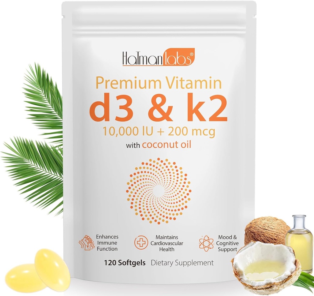 Vitamin D3 K2 Supplement Softgel, Vitamin D3 K2 Softgel mit 10000 IU unterstützt Immun, Herz, Zähne & Knochen Gesundheit, frei von GVO, Gluten, Soy