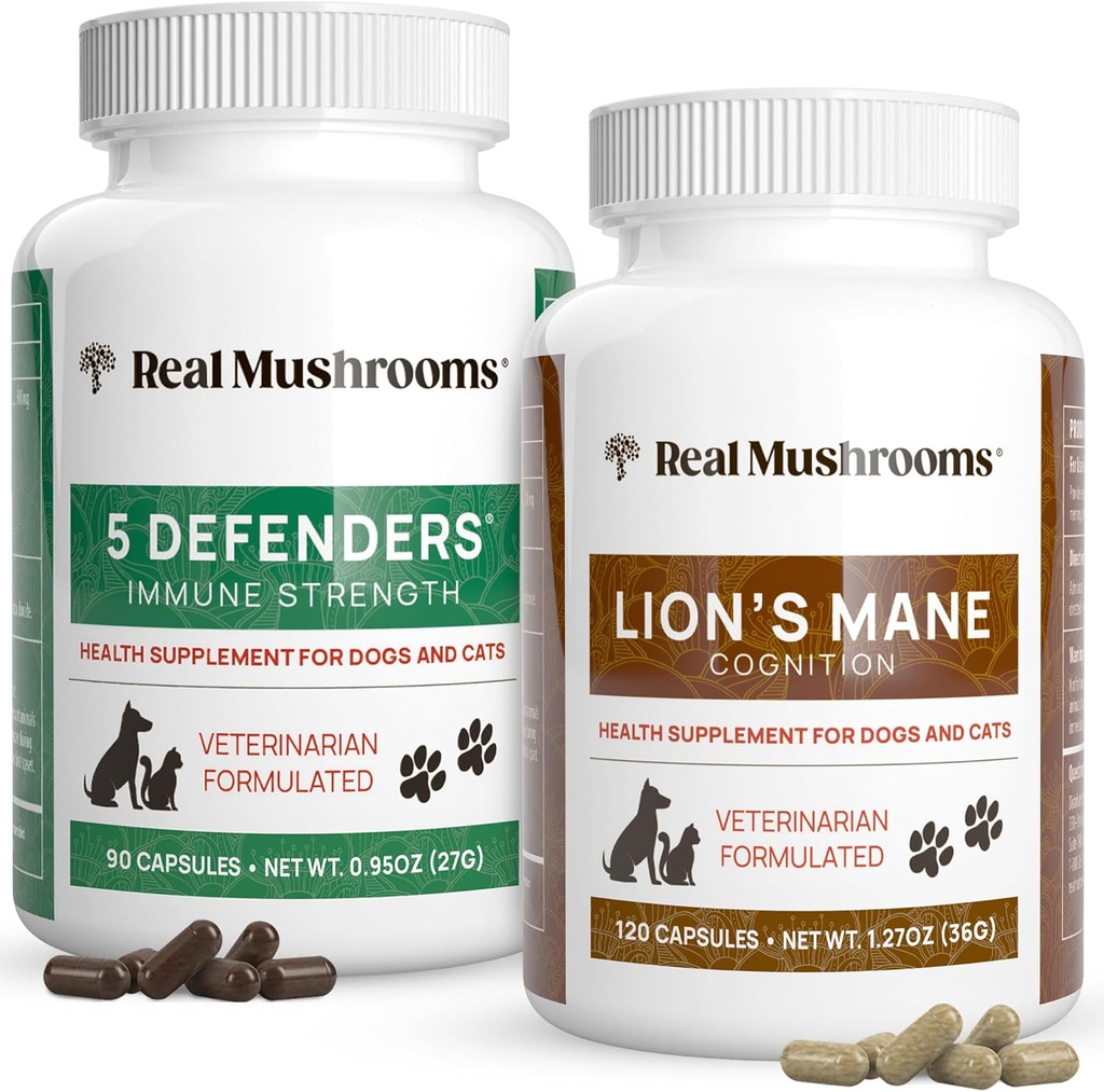 Reale Pilze 5 Verteidiger für Haustiere (90ct) und Lions Mane für Haustiere (120ct) - Bundle for Immune Strength & Cognition - Vegan, Non-GMO, Gluten-Free, Grain-Free Mushroom Pet Supplements