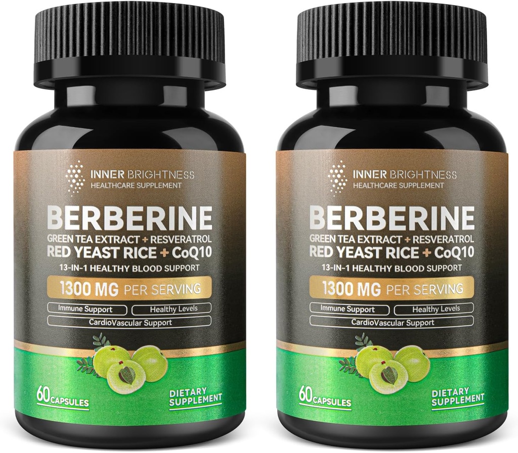 Berberine 1300mg avec extrait de thé vert, resvératrol, riz de levure rouge et CoQ10 – 13-en-1 Immune santé, soutien métabolique naturel – 60 capsules – non-OGM, laboratoire testé - 2 pack
