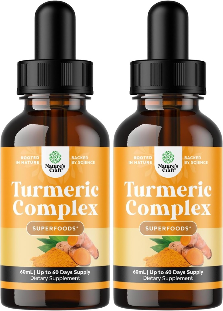 Organic Turmeric Liquid Drops für Erwachsene - Liquid Turmeric Curcumin mit schwarzem Pfeffer Cinnamon und Ginger für Joints Verdauung Immunity & More-Organic Supplement Konzentrat (2oz) (2)