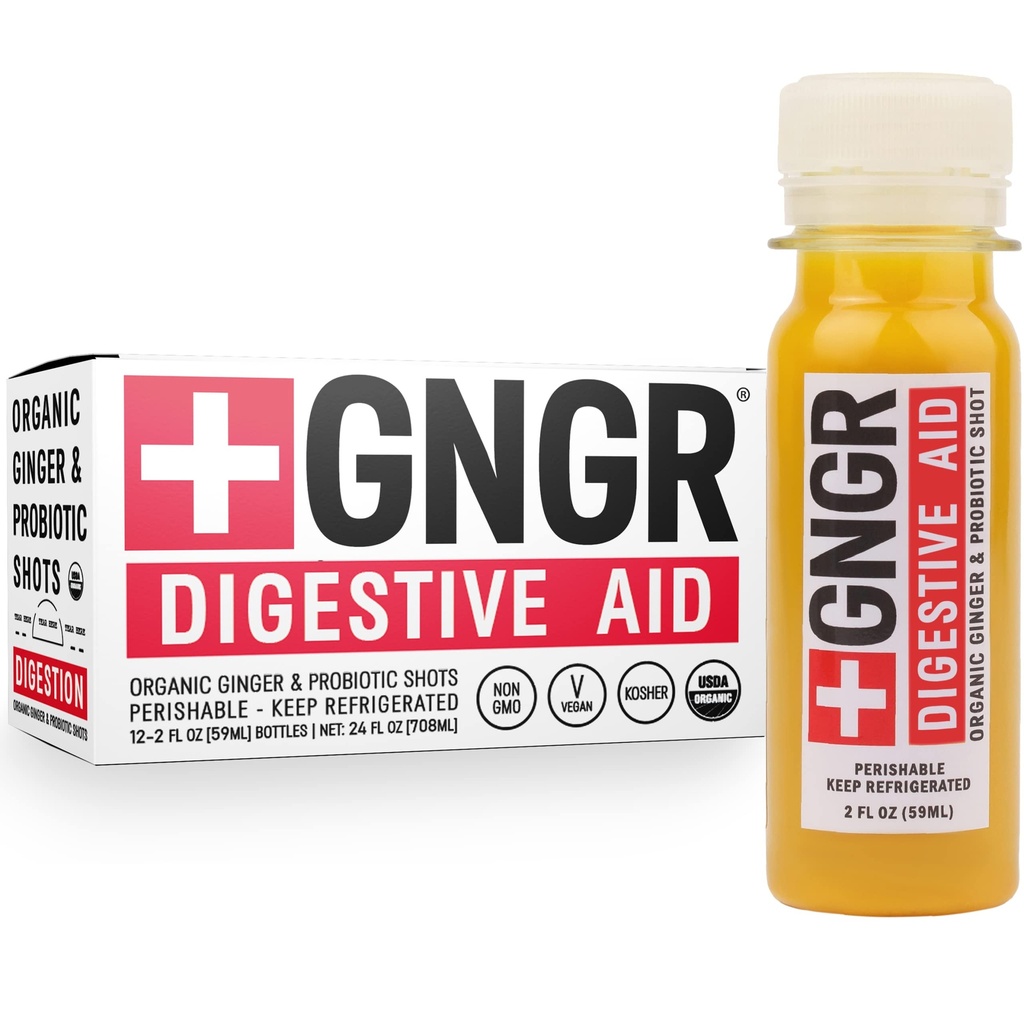 +GNGR Digestive Aid Bio Ginger Shots mit Probiotika, Gut Health, Colon Cleanse, Bloating Relief, Gut Detox, Immunity Shots mit Ingwersaft, Turmeric, Black Pepper. (2 Oz, Pack von 12)