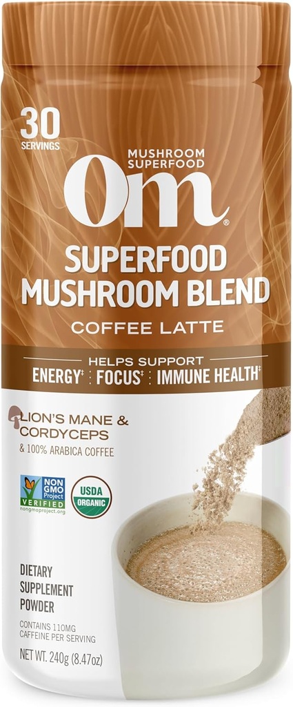 Om Mushroom Superfood Coffee Latte Blend – Poudre fonctionnelle de champignons avec Lion, Cordyceps, Reishi & Chaga – Soutien énergétique, focale et clarté mentale – 8,47 oz Canister (30 portions)