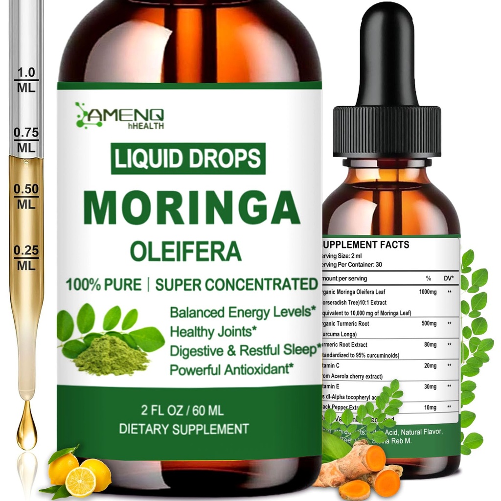 Pure Moringa Oleifera Liquid Drops, Organic Moringa Blatt Extrakt w. Turmeric, Black Pepper, Moringa Ergänzung für Energie Metabolismus Immun Haut Joint & Gut, 6X Stärkere Than Moringa Kapseln Pulver