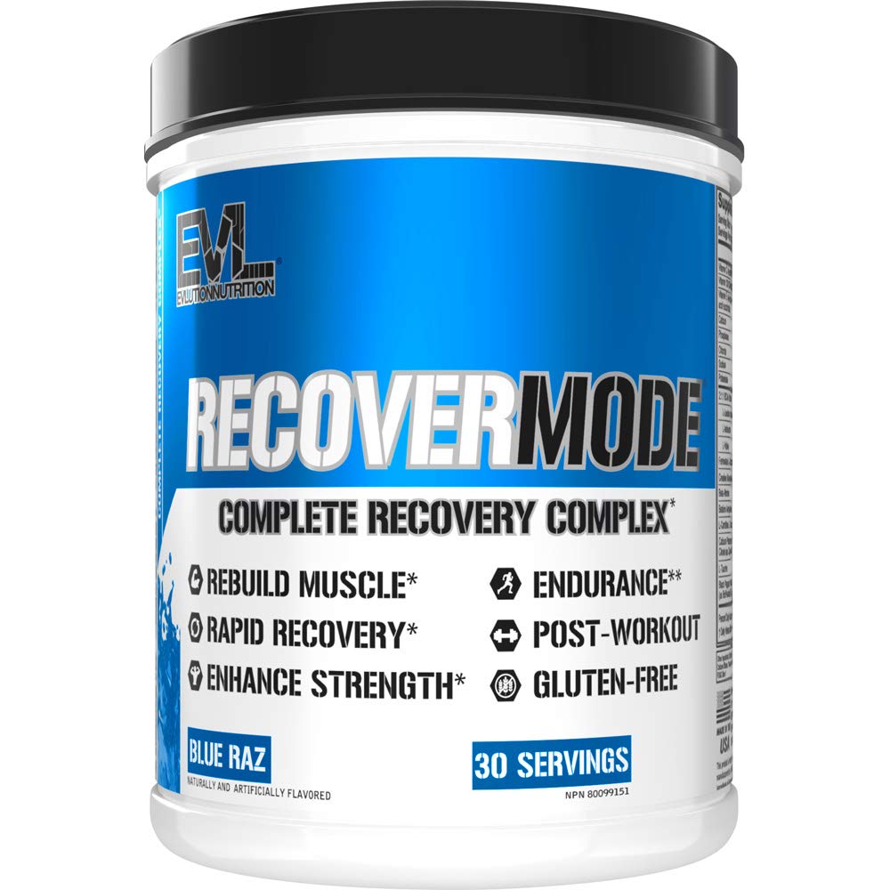 Évlution Nutrition Recover Mode- Complete post-entraînement avec BCAAs, Immunity Support, Vitamine C, D & E, Electrolytes, Hydratation, Créatine, Glutamine, Beta-Alanine, L-Carnitine, 30 Servir, Raz Bleu