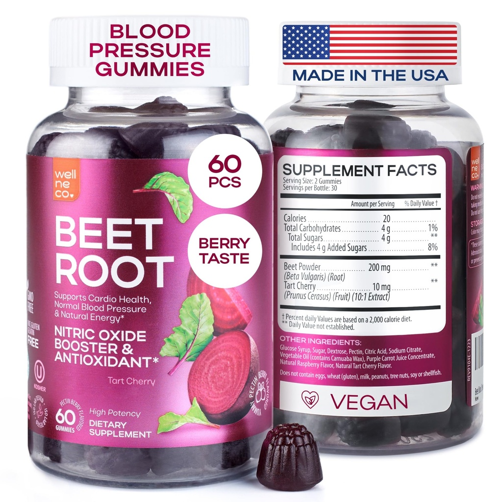 Beet Chews für hohen Blutdruck - Rübenwurzelgummis Made in USA mit Tart Cherry - Nitric Oxid Ergänzungen für Energie und Cardio Gesundheit - Vegan, No GMO, Pectin Based - für Frauen und Männer, 60 Stück