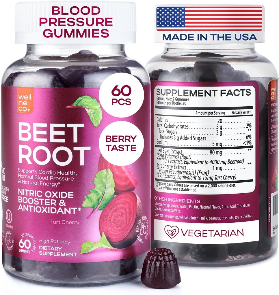 Beet Chews für hohen Blutdruck - Rübenwurzelgummis Made in USA mit Tart Cherry - Nitric Oxid Ergänzungen für Energie und Cardio Gesundheit - Vegan, No GMO, Pectin Based - für Frauen und Männer, 60 Stück