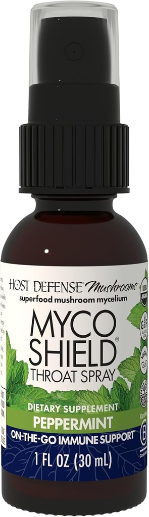 Host Defense MycoShield Throat Spray - Immune Health Support - Nahrungsergänzungsmittel mit Chaga, Reishi, Türkei Tail & More - On-The-Go Immune Support - Peppermint, 1 fl oz (71 Servierungen)*