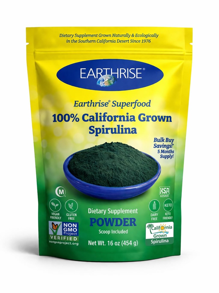 Earthrise Spiruline poudre naturelle 16oz, Spiruline naturelle Premium de Californie- Vegan, sans gluten, Keto Friendly, non-OGM Super Food haute en vitamines et minéraux. (1 LB)