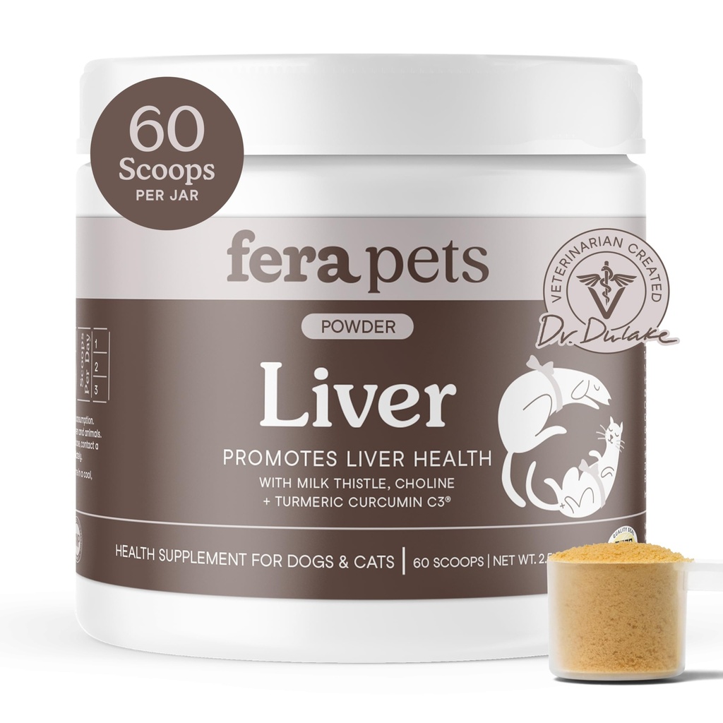 Fera Pets Liver Supplement für Hunde & Katzen mit Milchdistel, Choline & Turmeric - Organic Botanicals - Verbessert die Leberfunktion, Immunität, Entgiftung und Stoffwechselfunktion - Pulver - 60 Scoops