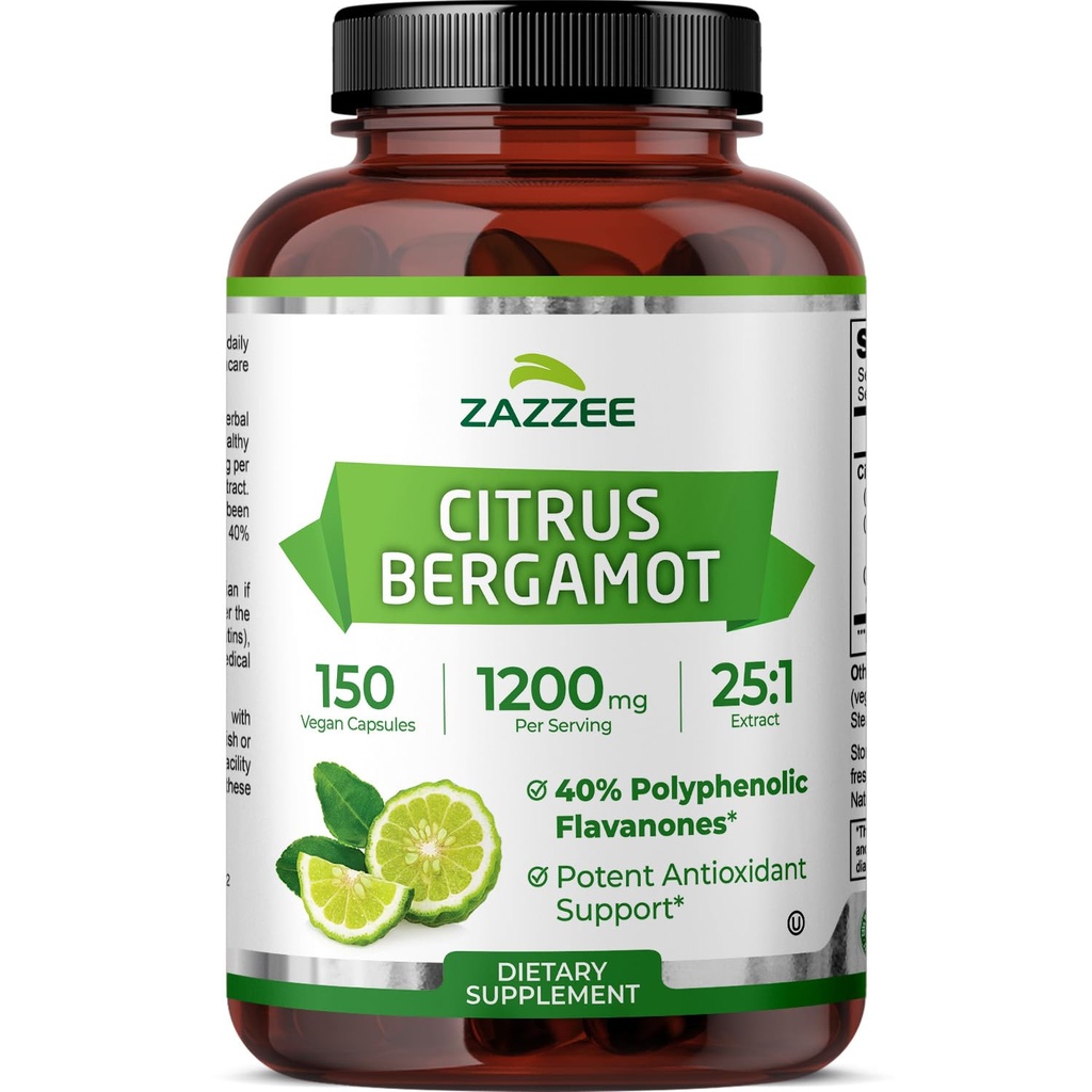 Zazze Citrus Bergamotte 25:1 Extrakt 1200 mg, 40% Polyphenol Flavanone, 150 Vegan Kapseln, Kosher, Konzentriert und Standardisiert 25X Potency, Non-GMO und All-Natural, Made in USA