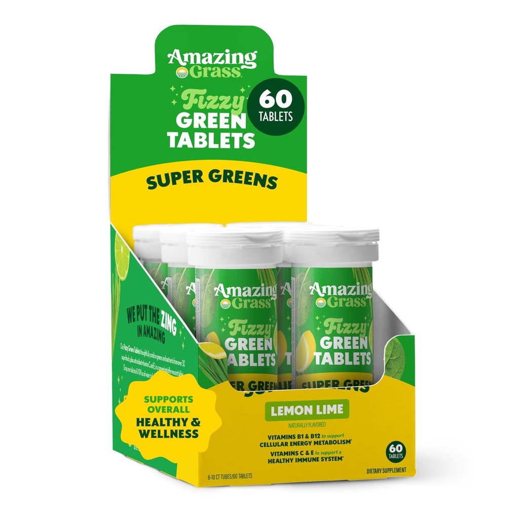 Erstaunliche Grass Effervescent Tabletten: Grüne Superfood Wasser Flavoring Tablet mit Antioxidantien & Alkalisierende Grüns, Zitronenlime, 60 Zähler