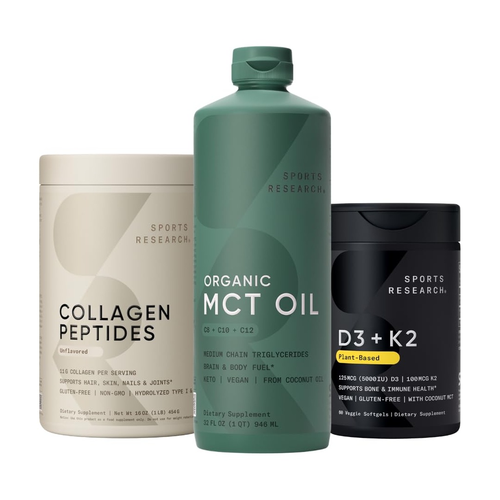 Sportforschung Collagen Peptide hydrolysiert Typ 1 & 3 Collagen Powder Supplement, Keto MCT Öl aus Bio Kokosnüssen - Triple Ingredient C8, C10, C12 MCT und Vitamin D3 K2 mit Kokosöl
