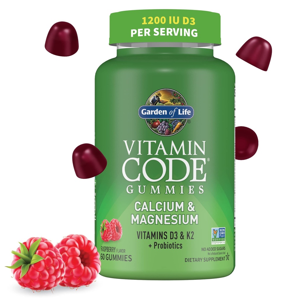 Garten des Lebens Vitamin-Code Calcium Magnesium Gummi mit D3 & K2, unterstützt Knochen Gesundheit & Knochenstärke + Präbiotika & Probiotika für Verdauungsunterstützung, Non-GMO, Gluten-Free, 60 Raspberry Gummies