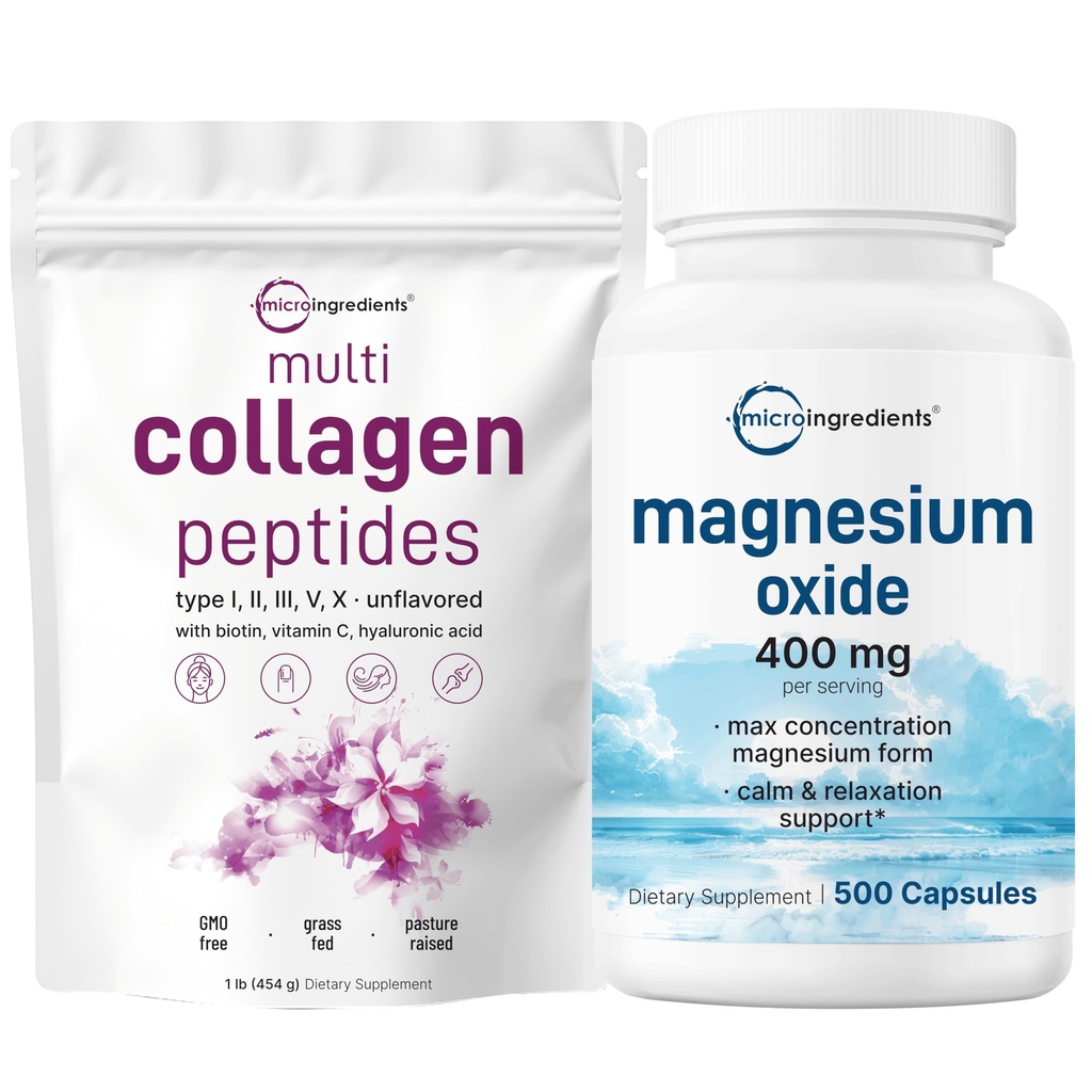 Micro Ingredients Multi Collagène Protéine Poudre 16oz & Oxyde de Magnésium 400mg Pack d'ensembles de Peptides de Collagène de Grass-Fed