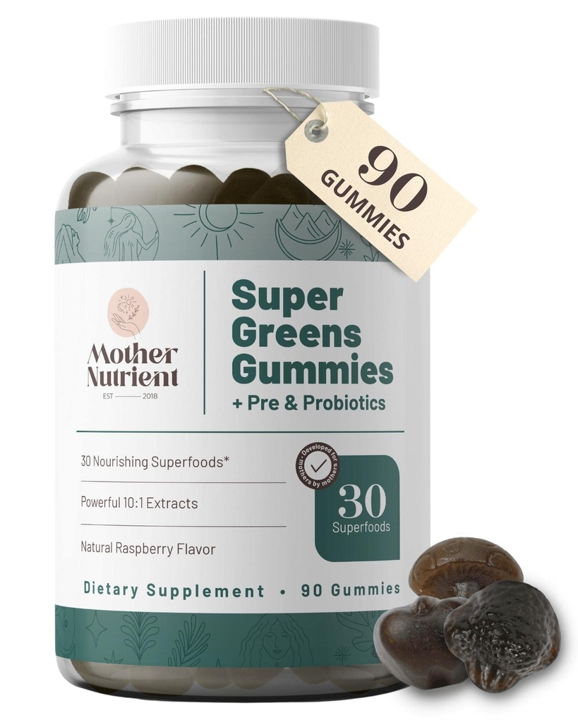 Super Greens Gummi für Frauen, Erwachsene - mit Präbiotika & Probiotika, nicht 8, aber 30 leistungsfähige Greens Superfoods - Multivitamin Veggie Chewables (90 Gummi)
